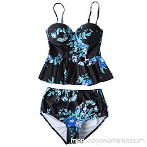 Anbech Women Vintage Floral Peplum Push up Swimsuit High Waist Tankini Blue B071D86D31